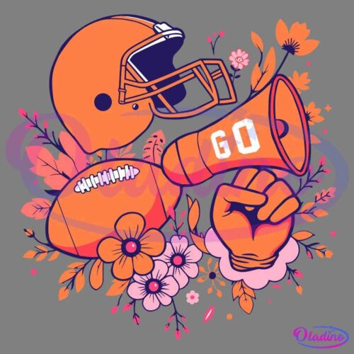 Illustration of a football helmet, football, foam finger, and megaphone with the word "GO," surrounded by various flowers and leaves in shades of orange, pink, and purple.