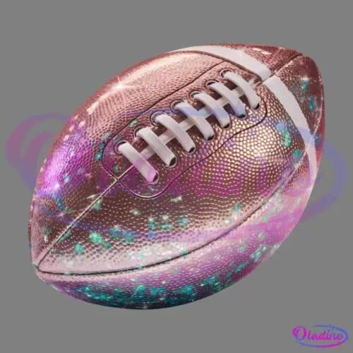 A football with a shiny, iridescent surface and colorful speckles. The ball features traditional white laces and stripes, blending classic design with a futuristic, eye-catching pattern.