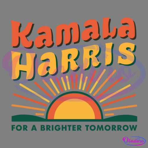 Text reading "Kamala Harris" in bold, retro-style orange and yellow letters above a stylized sun with rays and the text "For a Brighter Tomorrow" in green below it.