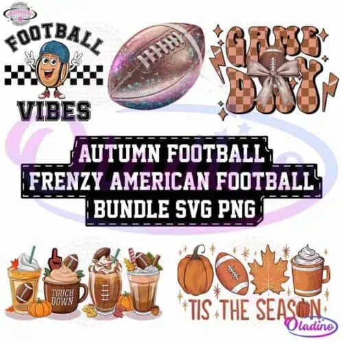 A digital collage features "Autumn Football Frenzy American Football Bundle SVG PNG" text in the center. Surrounding it are football-themed elements, including a football, cheerleaders, drinks, and autumn decor like pumpkins and leaves.