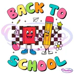 Illustration of colorful "Back to School" text with happy cartoon book, pencil, apple, flower, and stars on a checkered black background. The book and pencil are smiling and waving, surrounded by small school-related icons.