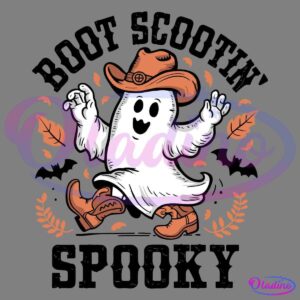 A cute ghost wearing a cowboy hat and boots is joyfully floating in the air. Autumn leaves and decorative sprigs surround the ghost, adding a seasonal touch. The illustration is playful and whimsical, with a Halloween and fall theme.