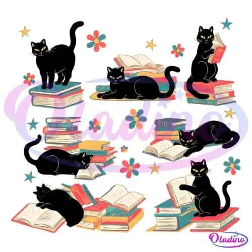 Illustration of six black cats interacting with stacks of books. Some cats are reading, lounging on book piles, or curled up next to open books. The background is adorned with colorful stars and flowers.