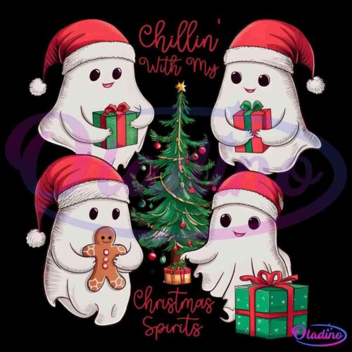 Four cute, smiling ghosts wear Santa hats and hold Christmas items, surrounding a decorated Christmas tree. One ghost holds a green gift, another a red gift, a third holds a gingerbread man, and the fourth has a present. Text above reads "Chillin' with my Christmas Spirits".