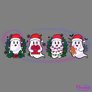 Illustration of four cute ghosts wearing Santa hats, each within a festive setting. The first ghost is surrounded by holly, the second holds a gift box, the third is wrapped in Christmas lights, and the fourth holds a gingerbread man. All are on a black background.