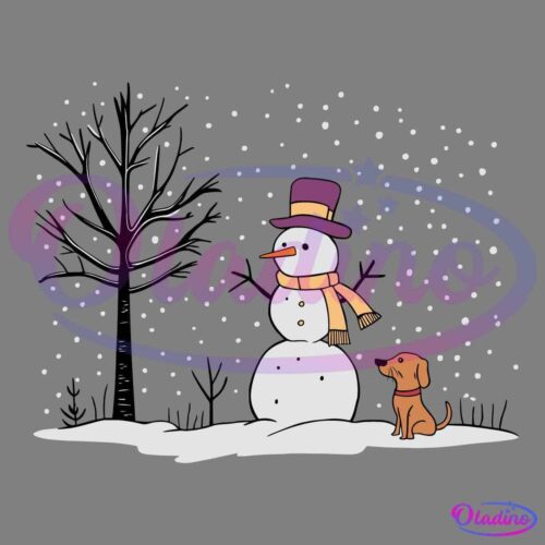 Illustration of a snowman with an orange scarf and purple top hat, standing next to a dog sitting in the snow. Snow is falling against a dark background, and a bare tree stands to the left of the snowman.