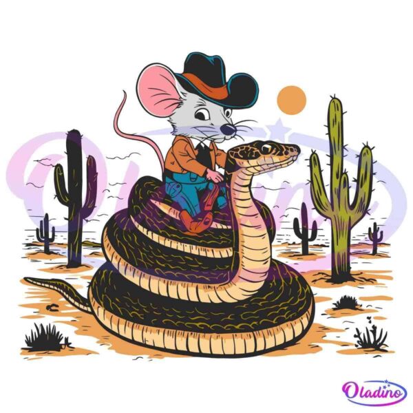 Illustration of a mouse dressed as a cowboy riding a large, coiled snake in a desert landscape. The mouse wears a hat, jacket, and boots, holding the snake's reins. Cacti and a setting sun are visible in the background.