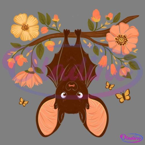 Illustration of a cute bat hanging upside down from a branch adorned with pink and yellow flowers. The bat has large pink ears and is surrounded by small butterflies.