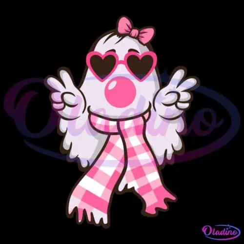 A cute cartoon ghost wearing a pink bow, pink heart-shaped sunglasses, and a pink and white checkered scarf. The ghost is making peace signs with both hands, exuding a playful and stylish vibe.