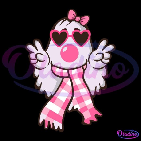 A cute cartoon ghost wearing a pink bow, pink heart-shaped sunglasses, and a pink and white checkered scarf. The ghost is making peace signs with both hands, exuding a playful and stylish vibe.