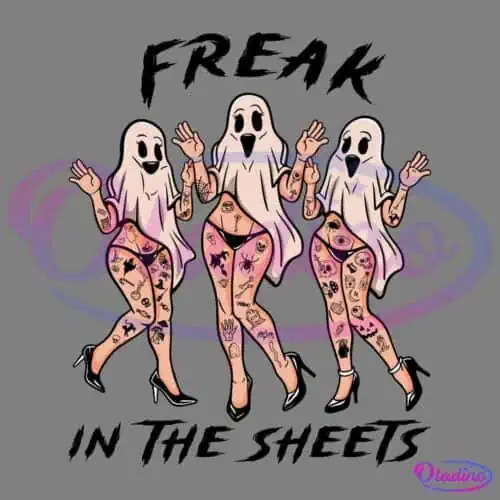 Illustration of three women wearing ghost sheets over their bodies, each posing seductively in lingerie, high heels, and showing tattoos on their legs and arms. Above and below them, bold black letters read "Freak in the sheets" against a beige background.