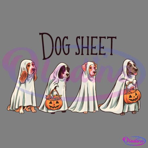 Illustration of four dogs dressed in ghost costumes holding pumpkin baskets, with the text "Dog Sheet" above them. Each dog appears to be ready for trick-or-treating, evoking a Halloween theme. The humorous text plays on the phrase "dog sheet," sounding like "dog shit.