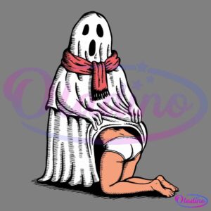 A cartoon ghost wearing a red scarf lifts its sheet to reveal a crouching human figure in white underwear, suggesting the ghost is actually a person in disguise. The background is solid black, and the image has a humorous and exaggerated style.