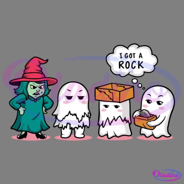 An illustration of a witch frowning at three cartoon ghosts. The first ghost looks annoyed, the second ghost has a cardboard box on its head and looks indifferent, and the third ghost is holding a box with a rock inside, thinking, "I got a rock.