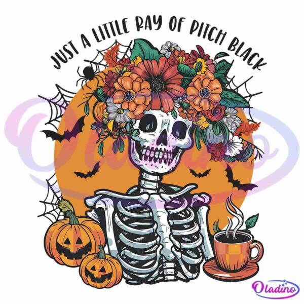 A colorful illustration of a skeleton wearing a floral crown, surrounded by spider webs, flowers, pumpkins, a bat, and a coffee cup. The text above reads "Just a little ray of pitch black" against an orange plaid background with a silver patterned border.