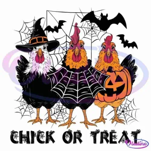 Three cartoon chickens are dressed in Halloween costumes. The first chicken wears a witch hat, the second has a spider web draped over its wings, and the third carries a pumpkin-shaped candy bucket. They stand close together against a dark background.