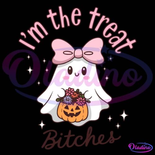 A cute cartoon ghost with a pink bow holds a pumpkin basket filled with flowers. Above the ghost, text reads "I'm the treat," and below, it says "Bitches." Sparkling stars are scattered around the ghost on a black background.