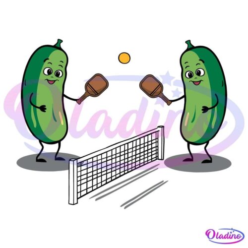 Two anthropomorphic pickles with smiling faces and limbs are playing pickleball, holding paddles and standing on either side of a net. A ball is in mid-air above the net. The background is blank.