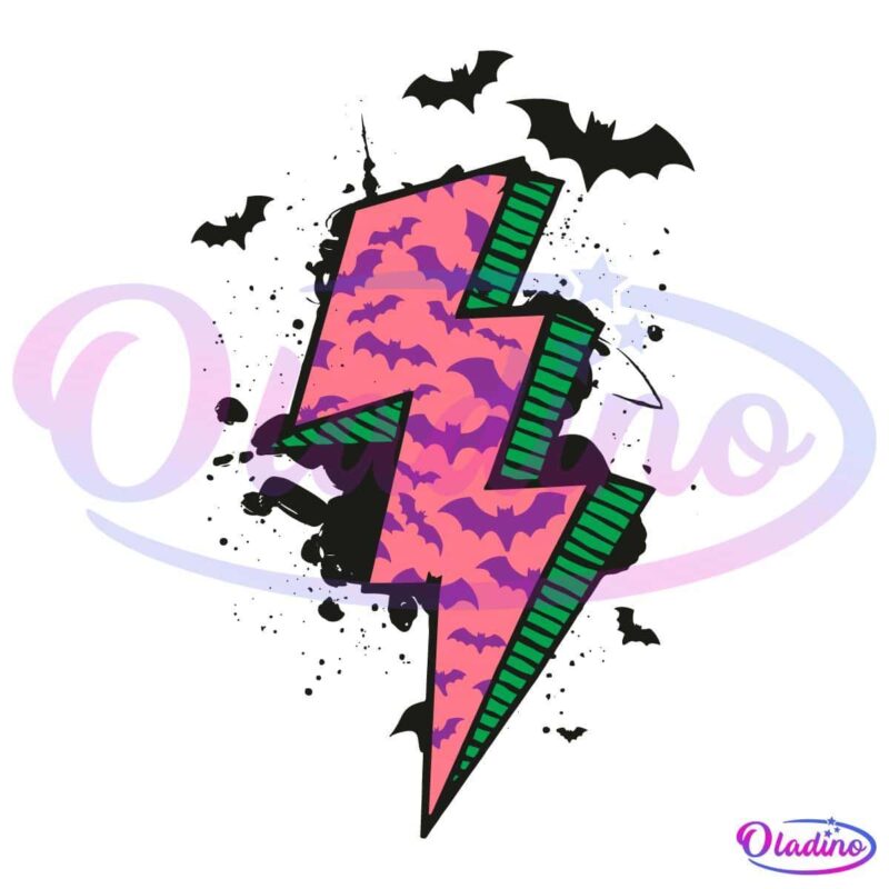 A bold lightning bolt graphic filled with pink bat silhouettes and outlined in green stripes, featuring black bats and splatters in the background against a dark backdrop.