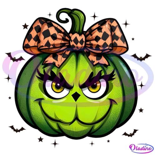 A green pumpkin with a mischievous, grinning face, adorned with long lashes and a pink and black checkered bow on top. The pumpkin is surrounded by small black bats against a dark background.