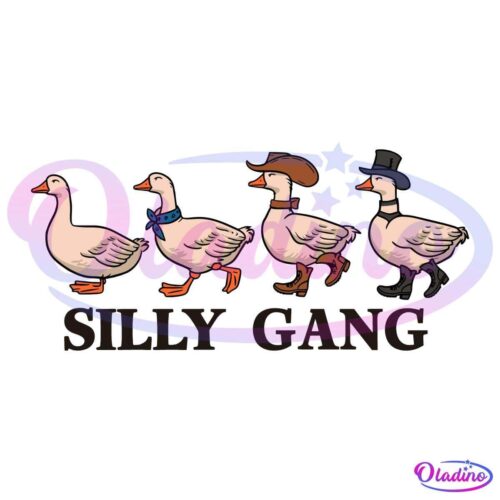 Illustration of four ducks walking in a row. The first duck is plain, the second wears a blue collar, the third sports a brown cowboy hat and boots, and the fourth dons a black top hat and boots. The text "SILLY GANG" is displayed below them.