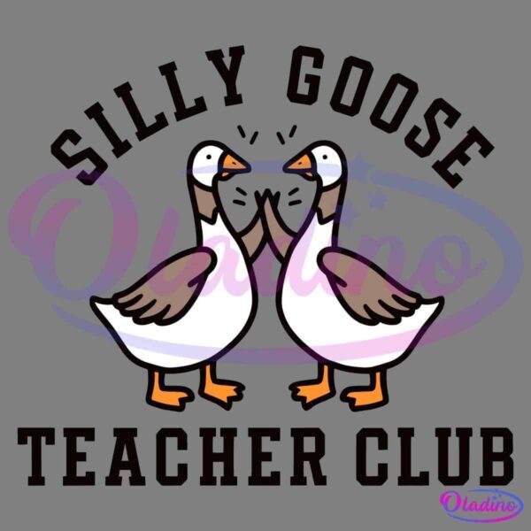 Illustration of two geese facing each other with beaks touching. They have white bodies with brown wings and feet. The text "SILLY GOOSE TEACHER CLUB" arches above and below the geese. The image is on a black background.