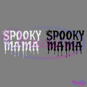 The image features the phrase "Spooky Mama" written in a dripping, eerie font with a spider web in the top left corner. The text appears in white on a black background, giving it a Halloween-themed, spooky appearance.