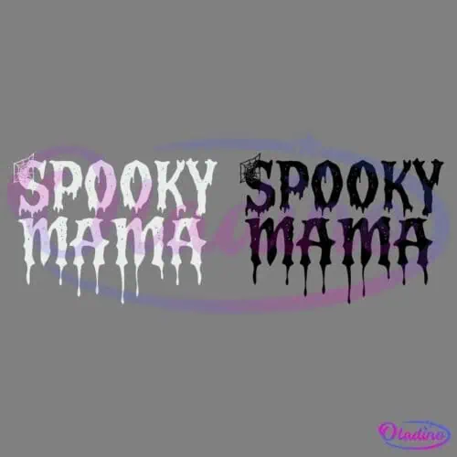 The image features the phrase "Spooky Mama" written in a dripping, eerie font with a spider web in the top left corner. The text appears in white on a black background, giving it a Halloween-themed, spooky appearance.