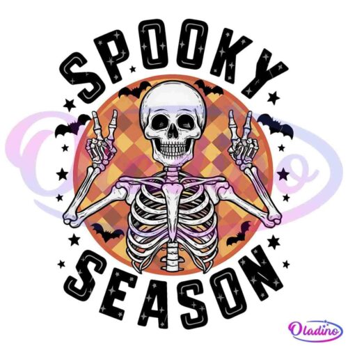 A skeleton making a rock 'n' roll hand gesture with both hands, standing in front of an orange, checkered circle. The background has small bats and stars, adding a spooky and festive Halloween vibe to the image.