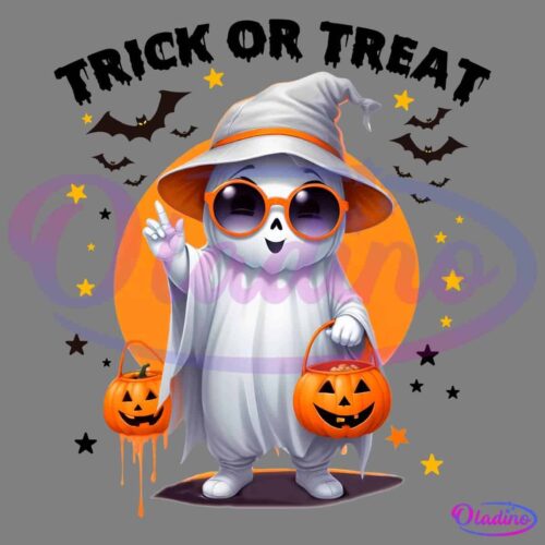 A cute cartoon ghost wearing a witch hat and sunglasses, smiling and holding two pumpkin baskets. Bats and stars are in the background, set against an orange moon, creating a festive Halloween atmosphere.