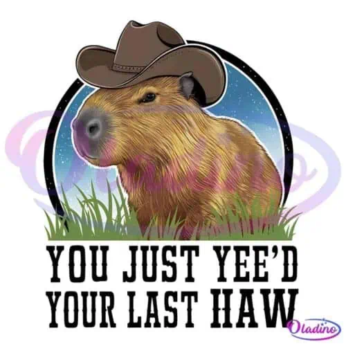 An illustration of a capybara wearing a cowboy hat, standing in green grass against a blue, starry sky background. The capybara looks calm and content.