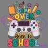 Illustration of a video game controller with colorful text that says "Game Over" at the top, a book and pencil, and "Back to School" at the bottom. The words and objects are set against a bright, stylized background with multicolored starburst patterns.
