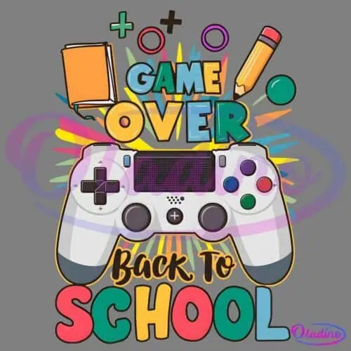 Illustration of a video game controller with colorful text that says "Game Over" at the top, a book and pencil, and "Back to School" at the bottom. The words and objects are set against a bright, stylized background with multicolored starburst patterns.