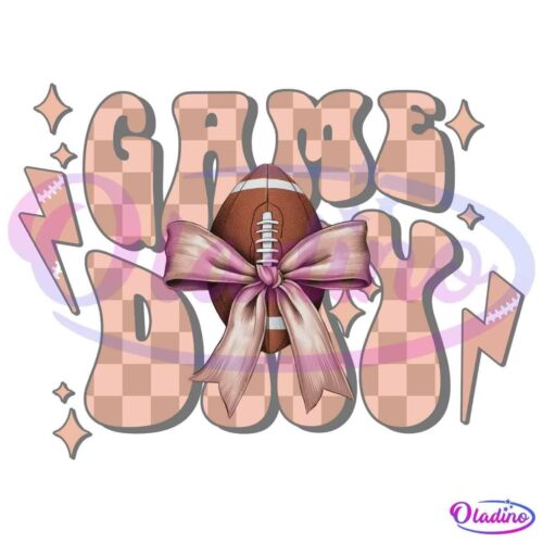 Illustration of a brown football with white laces wrapped in a large pink ribbon bow. The background features an orange and white checkered pattern with the text "GAME DAY" in bold, stylized letters. Orange lightning bolts and star accents are also present.