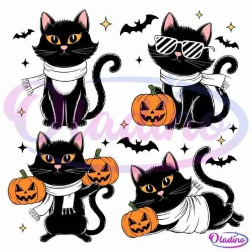 Four cartoon black cats donning white scarves are illustrated with various jack-o'-lanterns. One cat sports striped sunglasses, another hugs a pumpkin, and the rest are surrounded by small stars, evoking a festive Halloween theme.