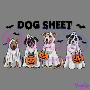 Four dogs are dressed as ghosts in white sheets with holes cut for their eyes. Each dog is holding a pumpkin-shaped treat bucket. The background is black, making the Halloween costumes stand out.