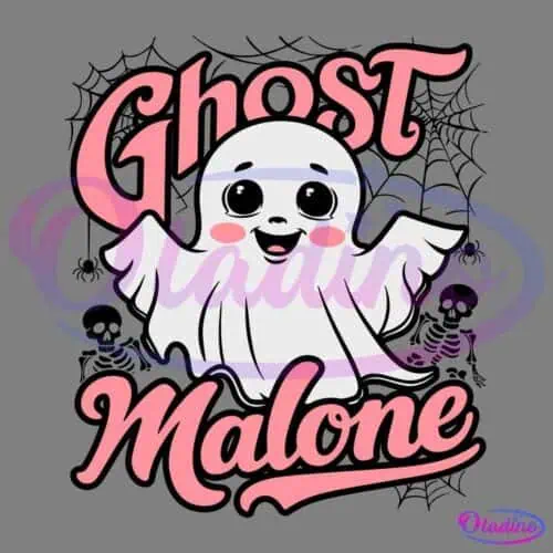 A cute cartoon ghost with rosy cheeks and a smiling face stands in the center, surrounded by cobwebs and skeletons. The text "Ghost Malone" is written in stylized lettering at the top and bottom.