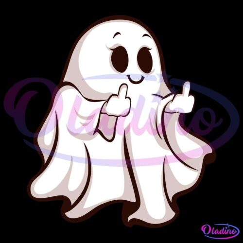 A cute, cartoon ghost with a smiling face and closed eyes is giving a thumbs-up with both hands. The ghost is white with a slightly brown outline, adding depth to its flowing, sheet-like appearance. The black background highlights the ghost's cheerful expression.