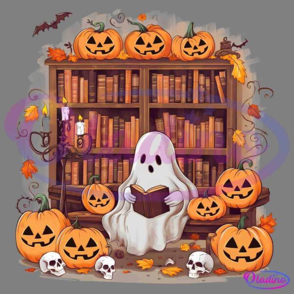 A ghost sits on a pumpkin while reading a book in front of a bookshelf. The scene is decorated with carved pumpkins, skulls, candles, autumn leaves, and a flying bat. The setting is cozy and spooky, fitting for a Halloween theme.