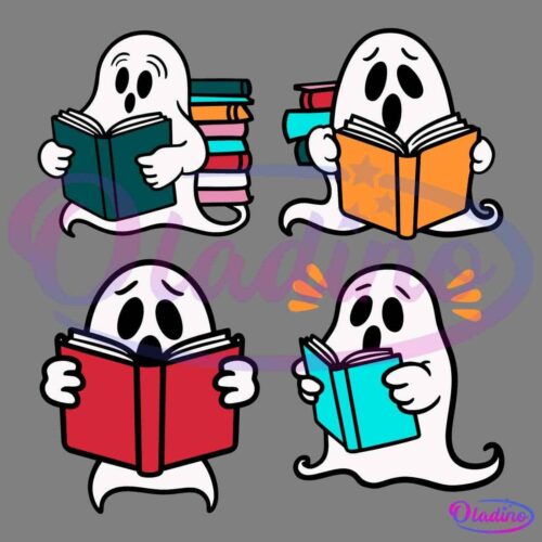 Four cartoon ghosts reading books: The first ghost holds a teal book with a stack of books behind. The second ghost looks surprised while reading an orange book. The third ghost is shocked reading a red book. The fourth ghost, with orange lines indicating sound, reads a blue book.