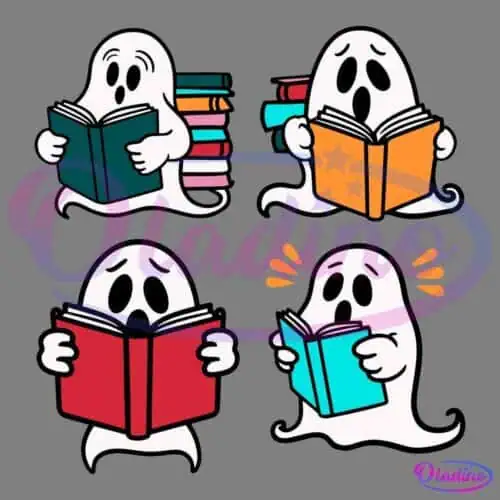 Four cartoon ghosts reading books: The first ghost holds a teal book with a stack of books behind. The second ghost looks surprised while reading an orange book. The third ghost is shocked reading a red book. The fourth ghost, with orange lines indicating sound, reads a blue book.