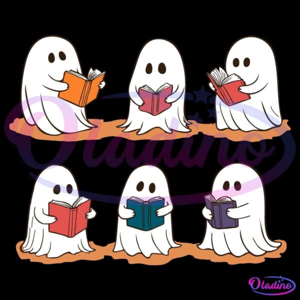 A group of six cartoon ghosts wearing white sheets are standing on an orange surface. Each ghost is holding a different colored book — including orange, red, blue, green, and purple — and appears to be reading attentively.