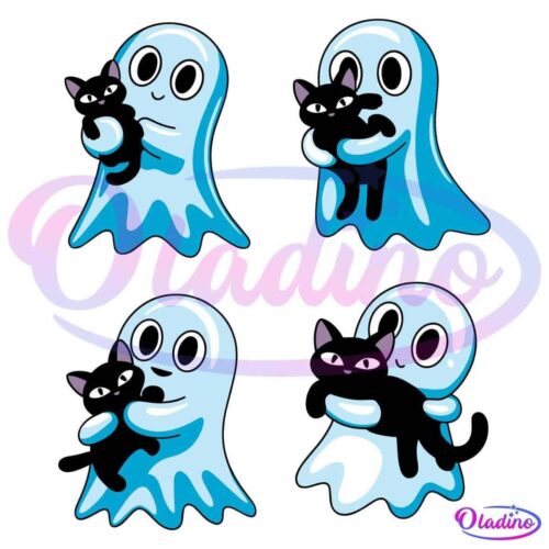 Four panels feature a blue ghost with black eyes holding a black cat with green eyes in different cuddling poses. Both the ghost and cat have cheerful and content expressions, suggesting they are close companions. The background is a light blue color.