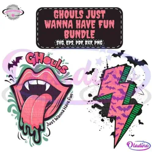 An image featuring two Halloween-themed designs. One design shows a mouth with lips and a tongue extending out, dripping with green goo. The other design is a pink lightning bolt with a green and pink camouflage pattern. The text reads "Ghouls Just Wanna Have Fun Bundle".