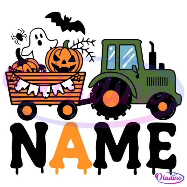 Illustration of a green tractor pulling a striped wagon filled with pumpkins and a white ghost. The scene includes a big orange letter "A" below the tractor and wagon. The wagon is also decorated with a banner of white flags.