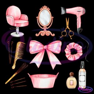 An illustrated assortment of pink and gold hair salon tools against a black background. Includes a salon chair, mirror, scissors, hair dryer, comb, ribbon, scrunchie, spray bottle, perfume, hairpins, and a washbasin. All items are stylized and neatly arranged.