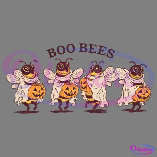 Four cartoon bees wearing ghost costumes hold pumpkin buckets under the text "Boo Bees.