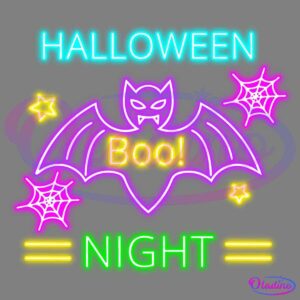 A colorful neon sign with a Halloween theme. The top text reads "HALLOWEEN" in bright cyan, with a purple bat below saying "Boo!" in yellow. Surrounding the bat are pink and yellow stars and spiderwebs. The bottom text reads "NIGHT" in green with yellow lines on either side.