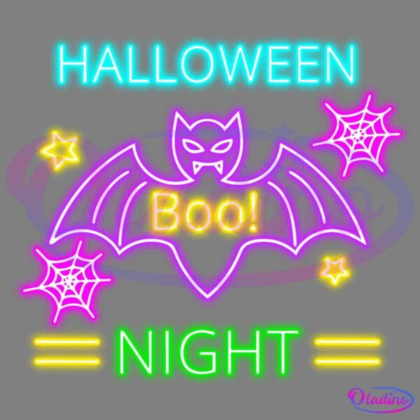 A colorful neon sign with a Halloween theme. The top text reads "HALLOWEEN" in bright cyan, with a purple bat below saying "Boo!" in yellow. Surrounding the bat are pink and yellow stars and spiderwebs. The bottom text reads "NIGHT" in green with yellow lines on either side.