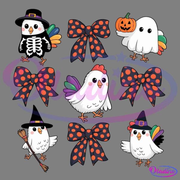 A grid with nine sections shows Halloween-themed illustrations. In the corners are chickens in various costumes: skeleton, ghost, witch, and vampire. The center vertical line features chickens without costumes, and polka-dot bows fill the remaining sections.